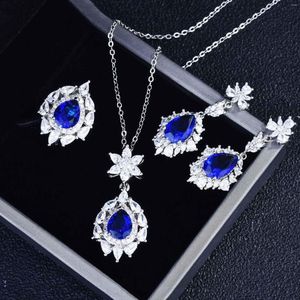 Halskette Ohrringe Set Luxus Edle Simulation Wasser Tropfen Saphire Blau Stein Für Frauen Elegante Design Anhänger Halsketten Ringe