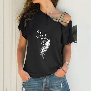 Women's T Shirts Cute Feather Bird Cartoon Letter Print Women Loose Irregular T-shirt Lover Gift Sexy Skew Neck Cross Bandage Tops For