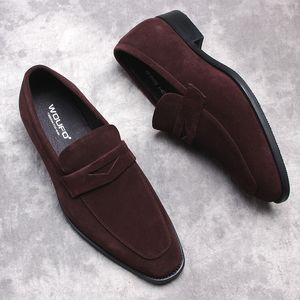 Autumn Summer Suede Mens Loafers For Wedding Party Dance Black Brown äkta läderslip på män klänningskor avslappnad