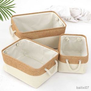 Basket Foldable Storage Baskets Flax Dirty Clothes Storage Baskets Solid Color Desktop Cosmetic Organize Box Rope Handle Organize Box