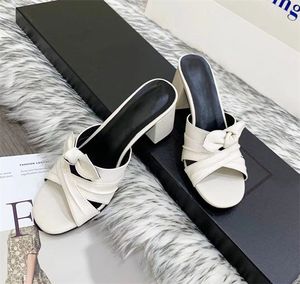 Fashion women's designer Slippers Summer leather high Heel Sandals bow thick heel sexy Soft tow box Large Size 35-42
