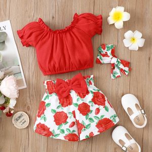 Set di abbigliamento Vestiti per neonato per bambina Top estivi a maniche corte e pantaloncini floreali con fascia Abiti per neonati 0-2 anni