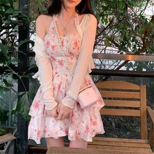 Casual Dresses HOUZHOU Korean Fashion Pink Floral Slip Mini Dress Women Beach Short Party Off Shoulder Chic Elegant Fairycore Sundress