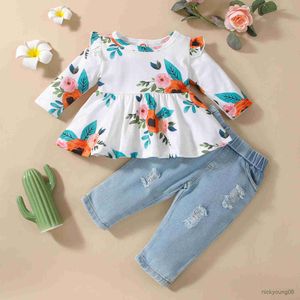 Clothing Sets 0-24 Newborn Infant Baby Girls Floral OutfitS 2023 New Spring Long Sleeve Ruffle TopsandJeans Clothes