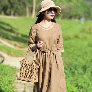 Klänningar 2023 Ny ankomst Korea Style Spring Summer Outdoor Women Chic Travel Casual Dress Cotton Linen Sashes Office Lady Work Dress