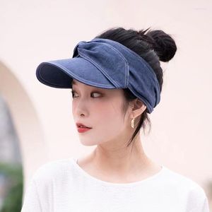 Berretti Cappelli da sole in denim semplice giapponese per donna Parasole estivo Versione coreana Fiocco alla moda Cappello a cilindro vuoto a tesa larga versatile