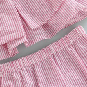 Conjuntos de roupas infantis para bebês meninas roupa de verão 2 peças camisola rosa sem mangas e shorts listrados com babados