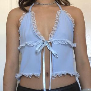Women's Tanks Blue Patchwork Lace Side V-Neck Wrap Chest Crop Tops Vest For Female 2023 Sexy Sling Lace-up Tank Party Club Tube Shirts