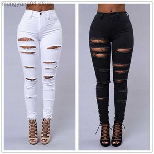 Women's Jeans New Spring Summer Elastic Trousers Black and White Ripped Jeans Fashion Sexy Skinny Denim Pencil Pants S-3XL Drop Shipping T230530