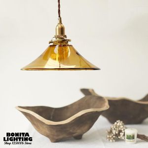 Lâmpadas pendentes Vintage Amber Micro Horn Glass Freeltle Brass Lamp base de lâmpada pequena com interruptor Homestay El Restaurant Droplight