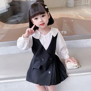 Flickklänningar 2023 Spring Children Clothes Fashion Long Sleeve Patchwork Shirt Dress Preppy Style Double-Breasted Princess för 90-130 cm