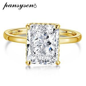 Solitaire Ring PANSYSEN Luxury Silver 925 Jewelry Radiant Cut Simulated Diamond Wedding Engagement Ring 18K Gold Plated Rings Gift 230529