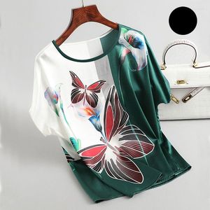 Kvinnors T-skjortor o-hals Sling Top Satin Short Sleeve Stretch Shirt Butterfly Printing Blus Womens Tops 2023 Summer Women Clothing M10