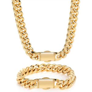 Hip Hop Men's12mm18K Gold Plated Stainless steel round grinding encrypted Cuban chain Spring buckle Necklace Bracelet Set