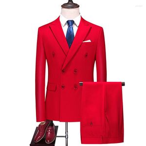 Herrdräkter 2023 modedräkt för manlig dubbelbröst toppade lapel röd svart 2 bit (blazer byxor) bröllop set smal fit kostym homme