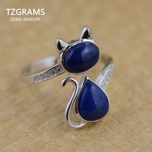 Solitaire Ring Real 925 Sterling Silver Lapis Lazuli Natural Stone Ring Lovely Cat Rings for Women Exquisite Fine SMEEXKE 230529