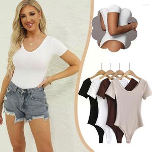 Camisetas femininas Spring Summer Mulheres Casual Manga curta Casca O-Grel-dequecha Bodywear Bodysuit em forma de vemas elásticos em forma de V Corpo de macacão magro q7g6