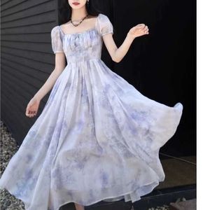 2023 sommer Floral Print Kurzarm Frauen Fee Elagant Kleid Vintage Urlaub Lila Spitze-up Geburtstag Abend Party Vestidos