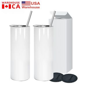 China USA CA warehouse stainless steel straight 20oz tumbler sublimation blanks car mugs with plastic straw and lid insulated water bottles
