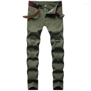 Jeans masculinos jeans Four Seasons Knee Hole Green Pants Microelástica Slim Mens Casual Casual Calças