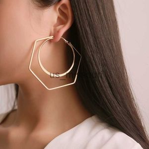 Stud Big Hexagon Hoop Earrings for Women Exaggerated Hollow Geometric Statement Earrings Gold Color Metal Hoop Earrings pendientes J230529 J230529