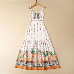 2023 Summer Multicolor Floral Print Weave Cotton Dress Spaghetti Strap V-Neck Beaded Rhinestone Long Maxi Casual Dresses S3W270525