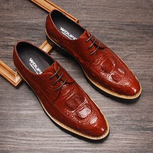 Crocodile Pattern Mens Casual Dress Shoe Luxury Geniune Leather Mens oxford Shoe Black Burgundy Lace Up Formal Wedding Shoe Men