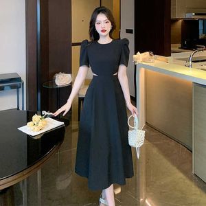 Vestido de verão feminino 2023 nova moda elegante escritório senhora midi vestidos feminino coreano streetwear manga bufante oco para fora robe vintage