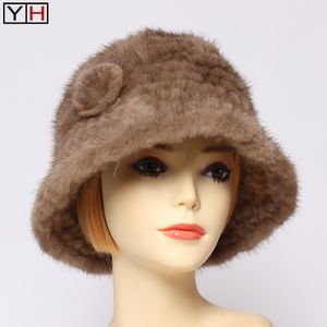 Wide Brim Hats Bucket Hats Lady Mink Fur Hat Winter Warm 100%Genuine Mink Fur Beanies Cap Luxury Casual Handmade Natural Mink Fur Caps 230529