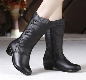 Women039s Mother Female Ladies Leather Shoes Boots Botas Knee High Zipper Winter Warm Plush Mid Calf Plus Size Midcalf Snow Bo3799138