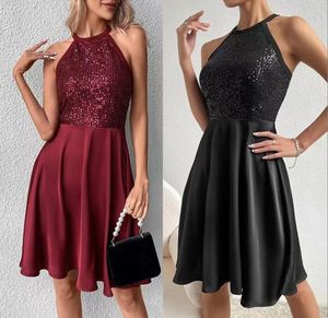 Kvinnors casual klänning 2023 Sommar Ny paljett lapptäcke ärmlös Slim Montering Fashion Solid Color Women's Dress