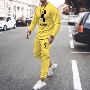 Herrspåriga kub Summer Long Sleeve T-shirt Set Men's Sportswear Stretch Sports Round Neck Stor storlek Fashion Printed Fitness Trousers 230529