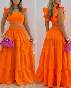 Work Dresses Women Ruffles Two Piece Skirt Set Summer 2023 Crop Top & High Waist Loose Maxi Skirts Casual Femal Solid Color Long