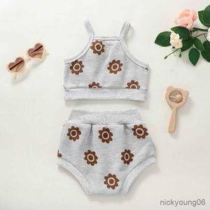 Conjuntos de roupas 2 peças infantil criança bebê menina terno de verão colete floral tricô camisa calças curtas roupa cinza 0-24m