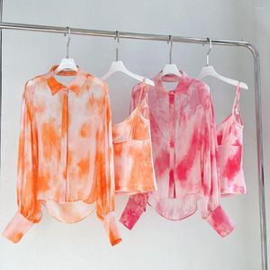 Women's Blouses Silk High Quality Tie Dye Printed Women Single Breasted Sheer Lantern Sleeve Sexy Backless Shirts Top With Tank