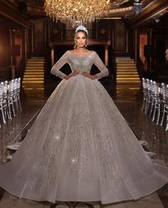 Luxury Ball Gown Wedding Dresses Long Sleeves V Neck Sequins Applique Ruffles Bridal Gowns Beaded 3D Lace Diamonds Zipper Plus Size Custom Made Vestido de novia