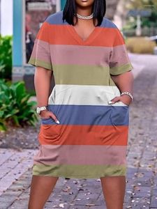 Plus Size Dresses LW Color Block Striped Pocket Design Dress Casual Street Print Patchwork Straight Loose Large Sizes Clothings