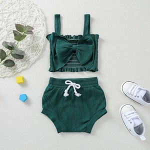 Clothing Sets New Baby Girls 2PCS Summer Outfits Solid Color Sleeveless Big Front Rib Knit Tank TopsandShorts Clothes