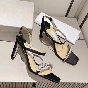 Designer high heels Luxury brand women's sheepskin modern elegant Heels 8.5cm rhinestone dazzling banquet dress wedding shoes Buckle Sandals