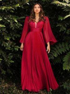 Casual Dresses Womens Vestidos Clothes Robe Sexy Deep V Long Sleeve Dress Slim Pleated A-line Floor Length Skirts Wedding