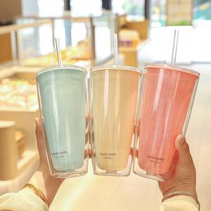 Simple large capacity solid color double plastic cup home office straw cup summer drink coffee cup water cup BH8595