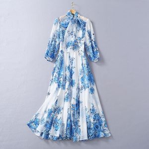 2023 Summer Blue Floral Print Ribbon Tie Bow Chiffon Dress 3/4 Sleeve Round Neck Panelled Midi Casual Dresses S3W270114