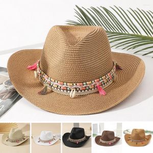 Berets Großhandel Frauen Rosa Quaste Cowboy Hut Floppy Strand Hüte Sommer Stroh Damen UV Schutz Panama Sonne
