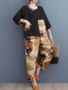 Women's T Shirts Summer Floral Suits 2023 Fashion Cotton Linen Two Pieces Sets Loose Casual T-shirts Printed Vintage Harem Pants Elegant