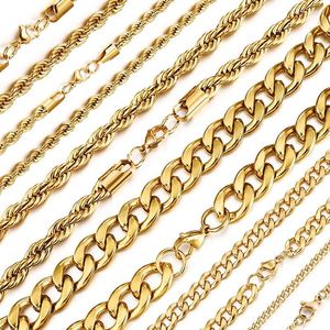Chains Gold Color Solid Chain Necklace Stainless Steel Link Choker For Men Female Charm Simple Collares Jewelry Accessories 50/55/60 Cm