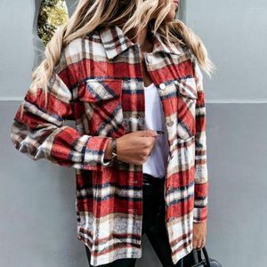 Kvinnors blusar Kvinnor Autumn Shirtjackor LAPEL Långärmar klafffickor Single Breasted Plaid Print Djockat Woolen Coat Ytterkläder