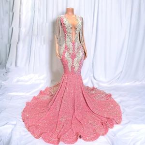 Sparking Pink Mermaid Prom Dresses Beaded Crystal Birthday Evening Party Gown Tassel Sweep Train Womens Special Occasion Dress