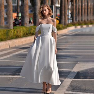 Modern Ankle Length A Line Bridal Dresses Off The Shoulder With Pocket Wedding Gowns Satin Lace Up Back Garden Vestido De Novia 326 326