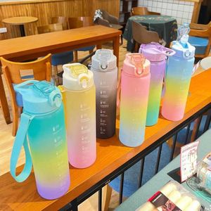 1L high-quality gradient with lid and straw plastic cup portable water bottle for outdoor sports gym fitness P230530