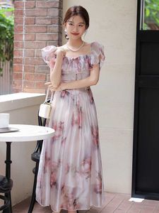 Sommarblommor Sweet Kawaii Fairy Dress 2023 Tryck Ruffles Frankrike Vintage Elegant klänning Kvinnor Koreanska fest Midi -klänningar